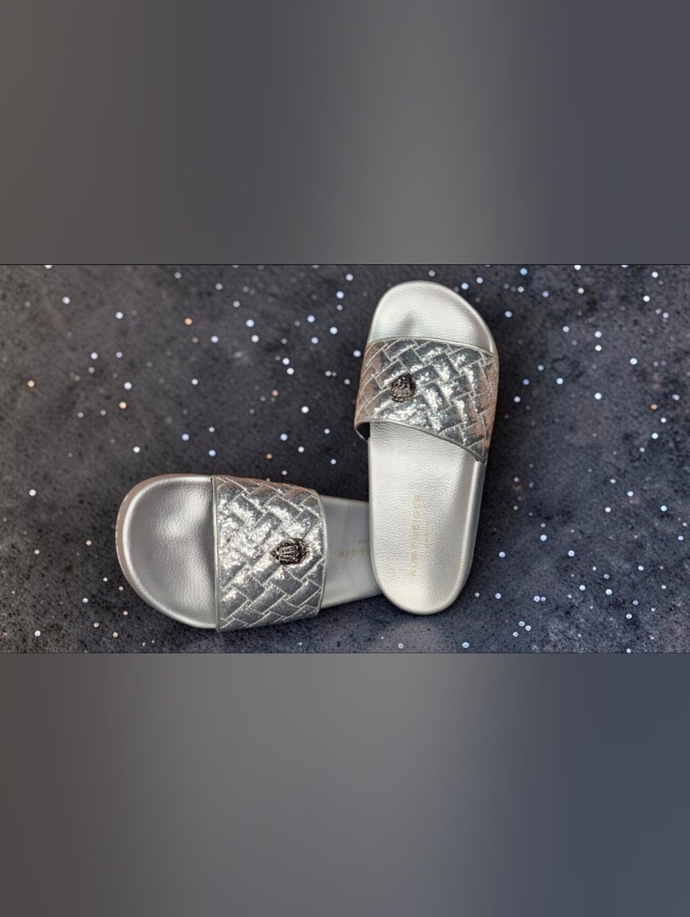 Kurt Geiger London Meena Eagle Silver Glitter Slides NWT - Picture 3 of 15